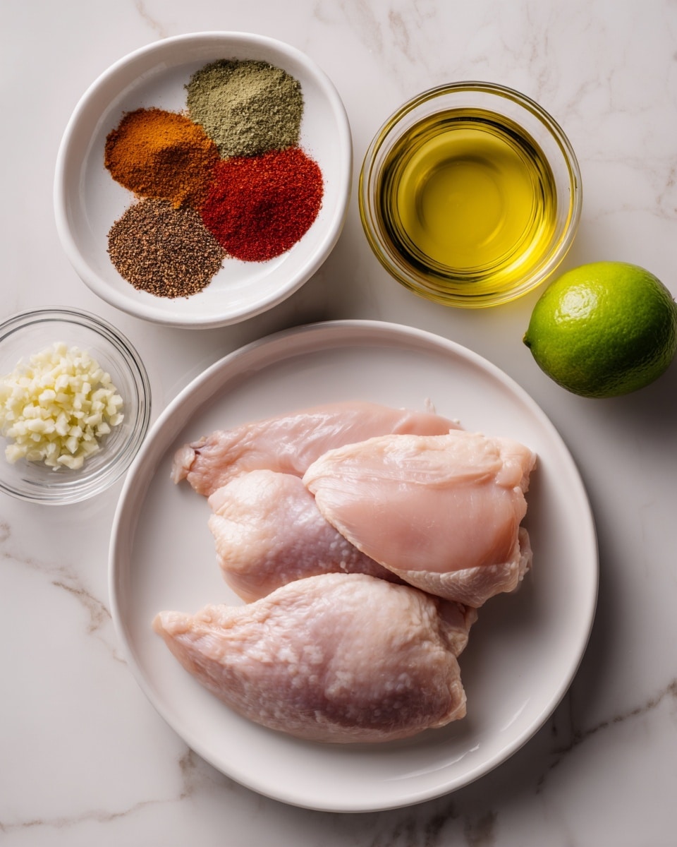 The image shows three pieces of raw pale pink chicken placed on a white plate in the center. To the left, there is a small white bowl containing various powdered spices in separate areas, including shades of red, brown, and green, with a label listing oregano, chili, paprika, cumin, cinnamon, and salt. To the right, there is a clear measuring cup with light yellow olive oil at the top right, a whole bright green lime below it, and a small clear bowl with minced garlic beside the lime. All items are arranged neatly on a white marbled surface. Photo taken with an iphone --ar 4:5 --v 7