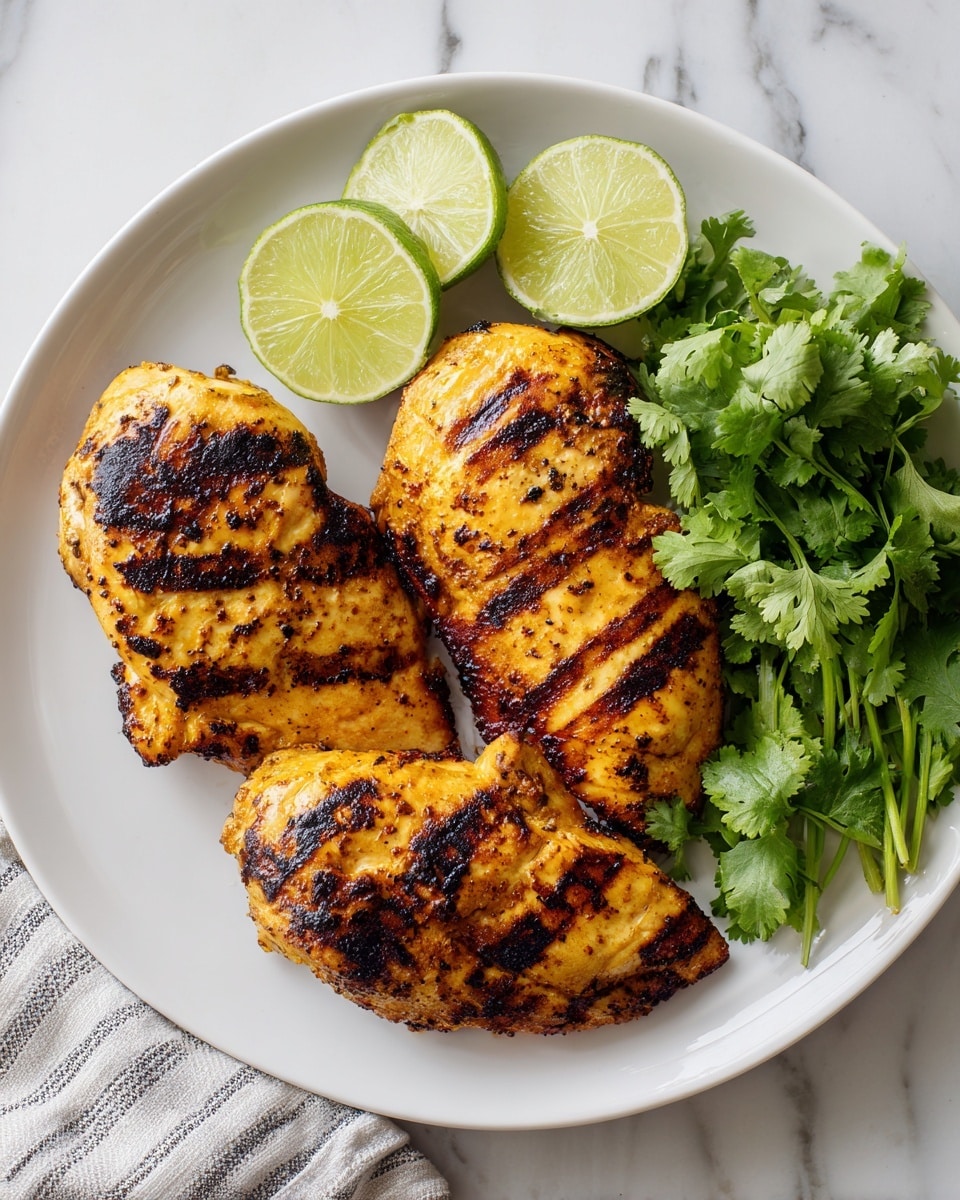 The image shows a dark textured round plate holding three grilled chicken pieces with a golden-brown and slightly charred surface with visible grill marks, arranged to cover most of the plate. There are four lime wedges placed around the chicken, two at the top and two near the bottom, with bright green skin and juicy light green flesh. A small bunch of fresh green cilantro leaves is placed to the right side of the plate, adding a fresh contrast. The plate is set on a white marbled surface with a striped cloth partially visible on the left side. Photo taken with an iphone --ar 4:5 --v 7