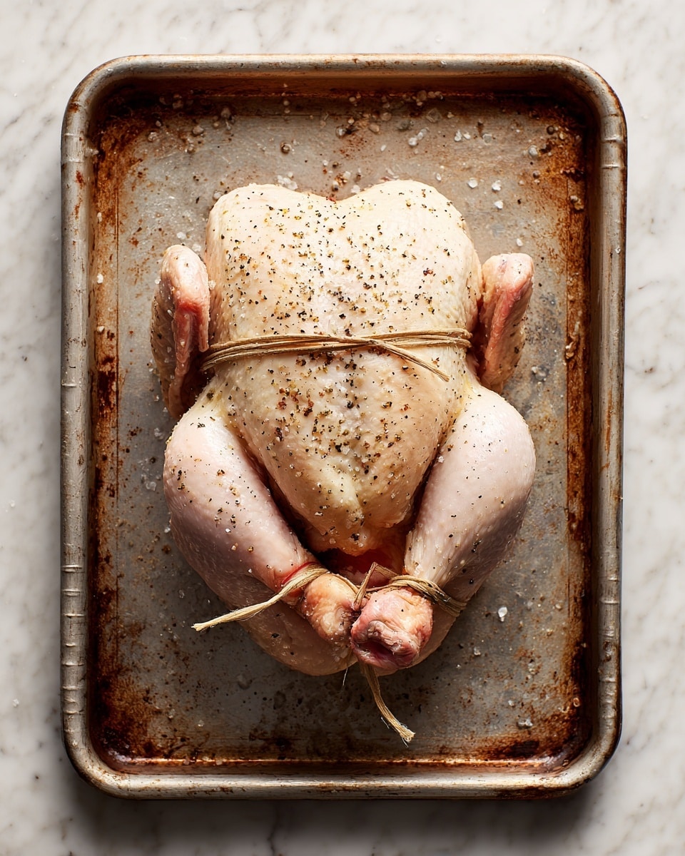 A raw whole chicken sits tied with a brown string around its legs on a metal baking tray, its pale skin covered in a layer of coarse salt and black pepper flakes spread evenly over the top and sides, giving it a speckled look, while the baking tray shows some signs of wear and discoloration. The background is a white marbled texture. photo taken with an iphone --ar 4:5 --v 7