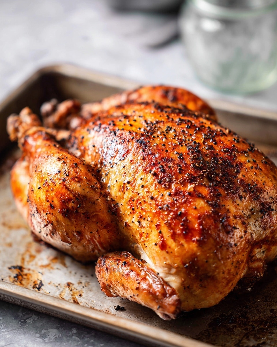 A whole cooked chicken with golden-brown, crispy skin sits on a slightly worn metal baking tray. The chicken is seasoned with small specks of black pepper and has a shiny, roasted texture with a warm reddish-orange hue. The wings and legs are tucked close to the body, and the skin shows a few areas of darker browning near the edges. The tray rests on a white marbled surface with a soft lighting that highlights the chicken’s crisp texture and rich color. photo taken with an iphone --ar 4:5 --v 7