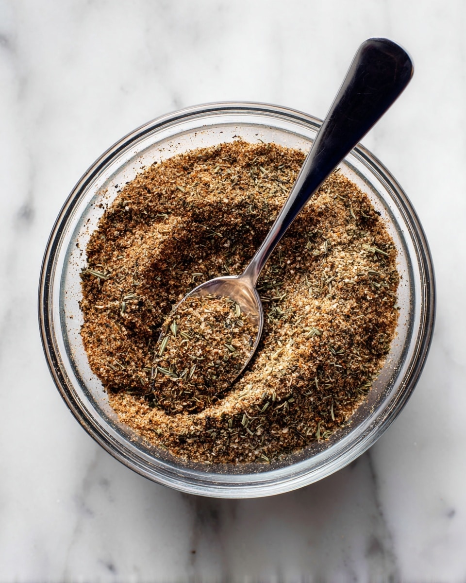 A clear glass bowl contains a dry spice mix with a coarse texture, showing layers of light brown, dark brown, and greenish herbs, mixed evenly. A silver spoon with a black handle rests inside the bowl, slightly scooping the spice mix, with some spices clinging to the spoon's curved surface. The bowl is placed on a white marbled surface with light grey veins visible underneath. Photo taken with an iphone --ar 4:5 --v 7