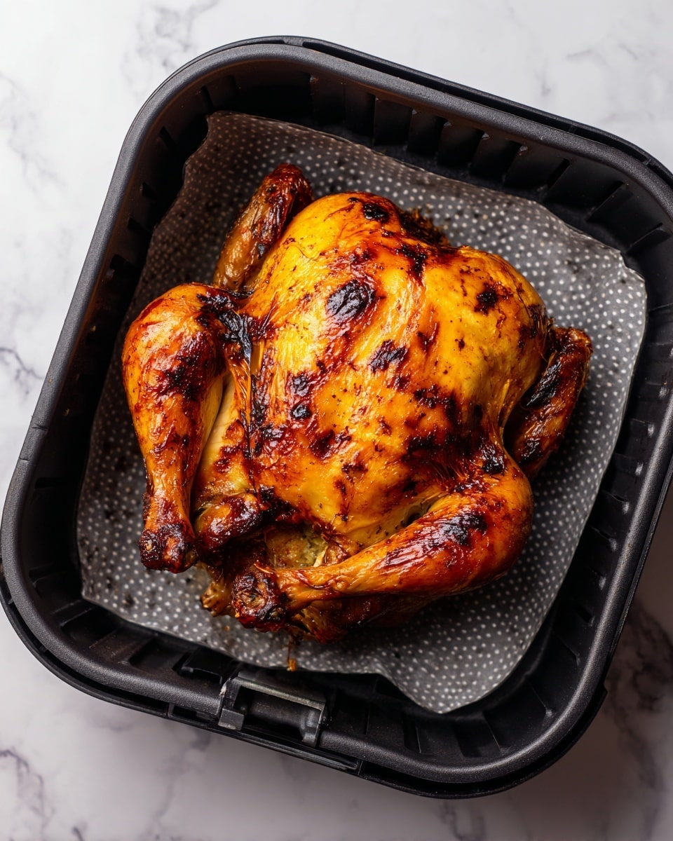 A whole golden roasted chicken with crispy brown spots on the skin, placed inside a black air fryer basket lined with a grey parchment paper. The chicken has a shiny, slightly oily texture on the surface with some darker char marks. The chicken wings and legs frame the main body, which shows a plump, juicy look. The basket sits on a white marbled surface. photo taken with an iphone --ar 4:5 --v 7