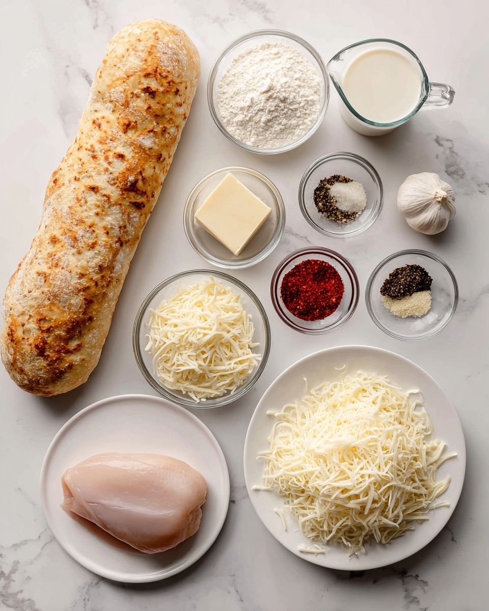 The image shows ingredients laid out neatly on a white marbled surface. On the left side, there is a long, crusty ciabatta loaf with a golden brown color. Moving to the center, there are small clear bowls filled with white flour, grated parmesan cheese, and a cube of pale yellow butter. Near these, a glass measuring cup holds creamy white milk. To the right, a white plate holds a single smooth, light pink piece of raw chicken. Below this, a white bowl is filled with shredded mozzarella cheese, pale yellow with a soft texture. Small clear bowls contain black pepper, salt, and bright red smoked paprika powder. A few cloves of garlic and a small measure of golden olive oil are also placed on the surface. A woman's hand is gently holding the ciabatta. The background is a white marbled texture. Photo taken with an iphone --ar 4:5 --v 7
