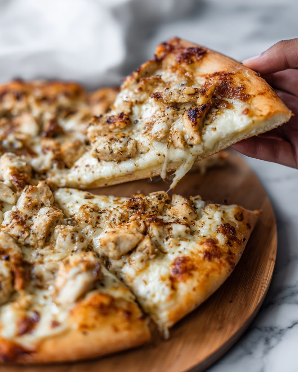 A slice of pizza is held by a woman's hand with two fingers, lifting it slightly away from the rest of the pizza on a dark wooden surface. The pizza has a thick crust with one visible layer, topped generously with melted cheese that is creamy white with golden brown spots showing it is baked. On top of the cheese, there are pieces of cooked chicken that have a light brown, grilled appearance adding texture. The cheese stretches slightly as the slice is lifted. The background shows a white marbled texture in soft focus. Photo taken with an iphone --ar 4:5 --v 7