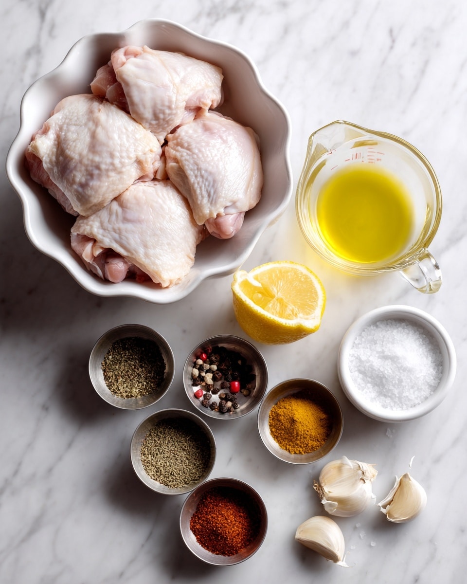 The image shows raw chicken thighs in a white scalloped bowl placed at the top left on a white marbled surface. Around the bowl, there are several small metal containers holding different spices: black pepper, coriander, cumin, oregano, turmeric, and cinnamon, arranged in a loose circular pattern. To the right, there is a small clear measuring cup filled with light yellow oil, a half lemon with its yellow inside facing up, and a small white cup filled with white salt. Near the bottom right, three peeled garlic cloves rest directly on the marble surface. Each item is labeled with black text on a white background. Photo taken with an iphone --ar 4:5 --v 7