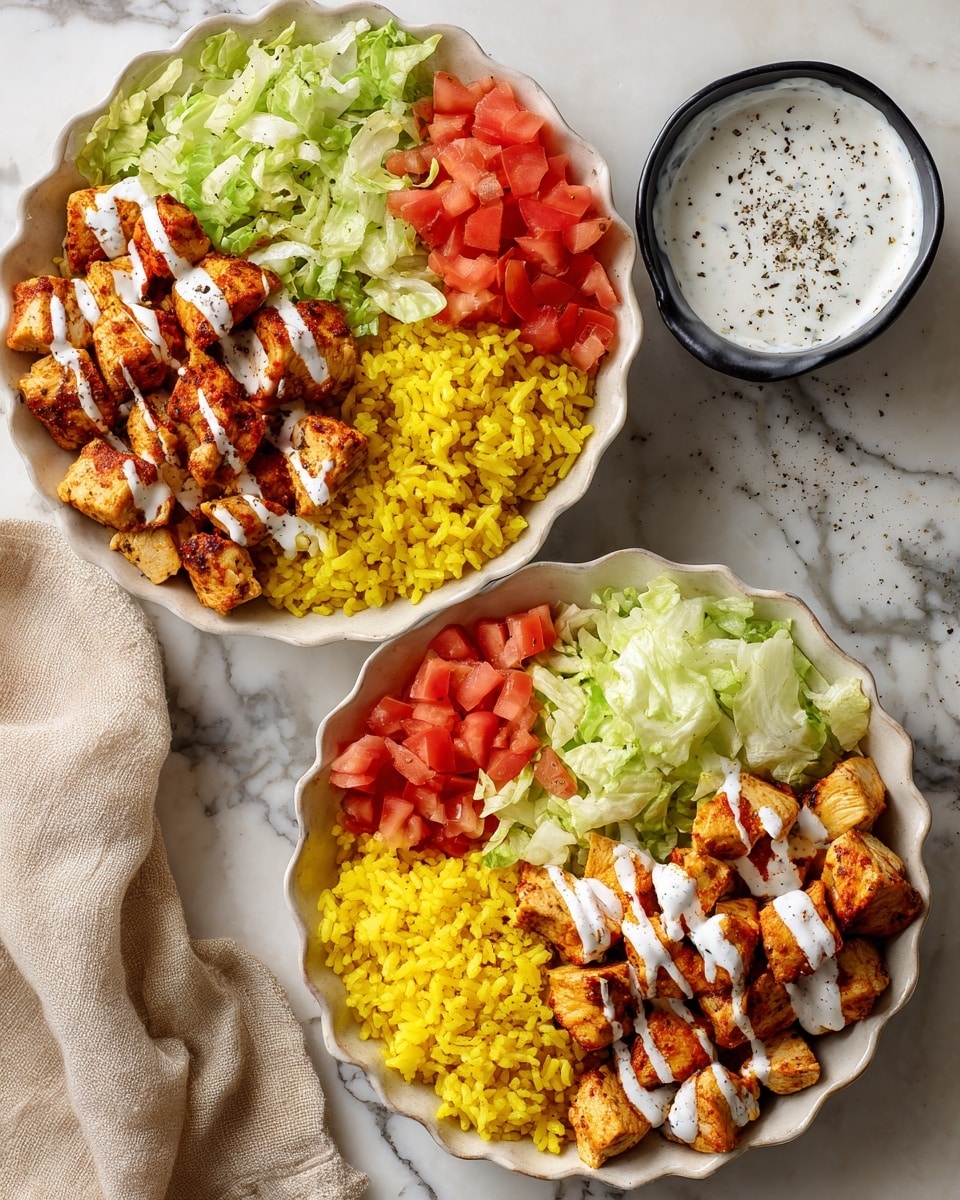 Two white bowls sit on a white marbled surface, each filled with four clear sections. The first section has bright yellow rice, fluffy and separated. The second section shows fresh chopped red tomatoes, slightly juicy with specks of black pepper. The third section contains light green chopped lettuce with a crisp texture. The largest section holds browned grilled chicken pieces, drizzled evenly with white creamy sauce and bright red sauce on top. To the right, a white bottle with a black cap is partly visible. A beige cloth is on the left side near the bowls. Photo taken with an iphone --ar 4:5 --v 7