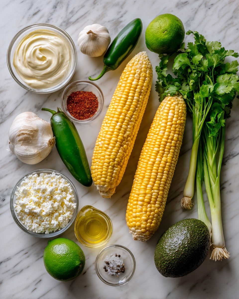 The image shows fresh ingredients laid out on a white marbled surface, including two bright yellow corn cobs side by side in the middle. To the left, there is a small clear bowl of creamy white mayonnaise, a small clove of garlic, and a small bowl of smooth white yogurt or sour cream. Above the corn, a whole green jalapeno and a whole lime sit close to a small clear bowl filled with reddish chili powder. Below the corn, a clear bowl of crumbly white cotija or feta cheese is present. To the right, a bunch of green cilantro leaves lies near two whole green onions and a dark green avocado. In front of the avocado, there is a small clear measuring cup with light yellow oil. Additionally, small piles of salt and black pepper are scattered near the bowls. All items are spaced clearly and neatly, showing fresh, natural textures and vibrant colors. Photo taken with an iphone --ar 4:5 --v 7