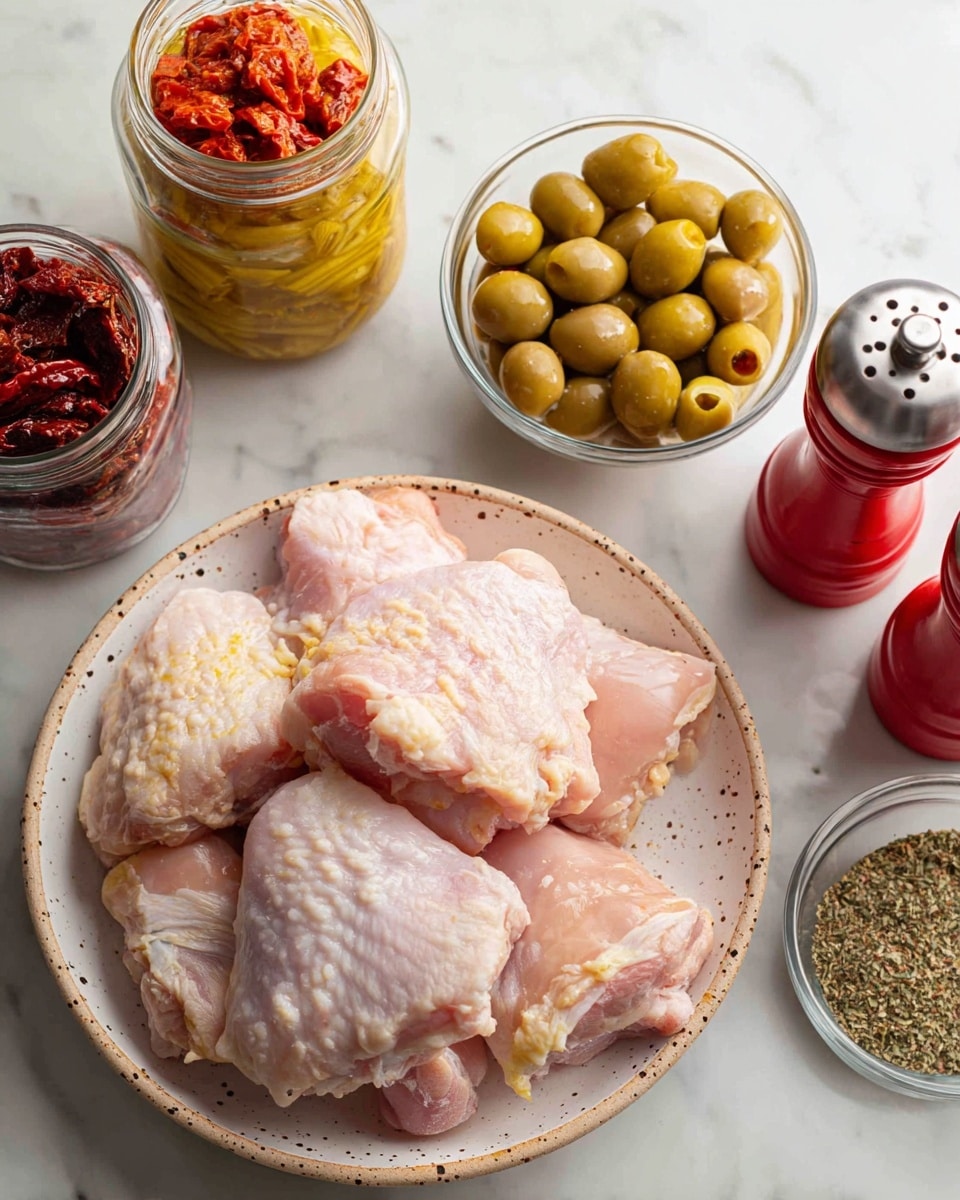 The image shows raw chicken thighs placed in a white plate with black specks, forming a loose pile with pale pink skin and some light yellow fat visible. To the right of the plate are two pepper grinders, one red and one white. Below the chicken is a clear bowl of green olives with black seasoning sprinkled on them. Above the olives is a jar filled with yellow marinated artichoke hearts in oil. To the left of the artichokes is a jar with dark red roasted red peppers. Above the red peppers is a smaller jar with sundried tomatoes in orange-red oil. In front of the red peppers is a small glass container with Italian seasoning, a mix of crushed green and brown herbs. All items are laid out on a white marbled surface. Photo taken with an iphone --ar 4:5 --v 7