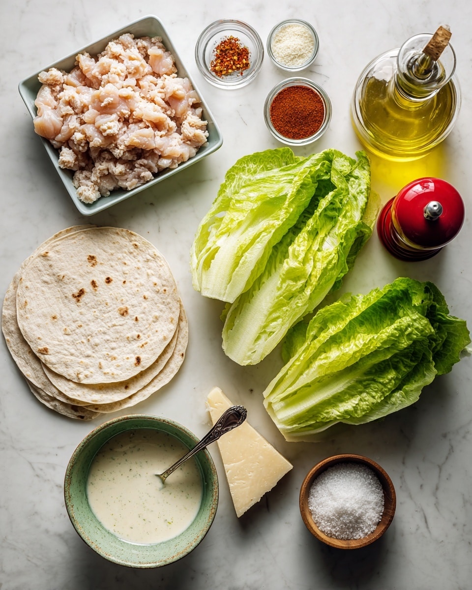 The image shows fresh ingredients arranged neatly on a white marbled surface. There is raw ground chicken in a plastic tray at the top left, next to a half cup of white panko crumbs. Two small spice jars for garlic powder and smoked paprika are placed side by side, with a small chunk of parmesan cheese in front. A head of bright green romaine lettuce lies to the right of the cheese, with a stack of wheat tortillas slightly overlapping the romaine. On the far right, a red pepper grinder sits next to salt, and a bottle of olive oil is nearby. In the bottom left, a rustic greenish-white bowl holds creamy Caesar dressing with a spoon inside it. The entire layout is organized clearly with the ingredients separated with labels. Photo taken with an iphone --ar 4:5 --v 7