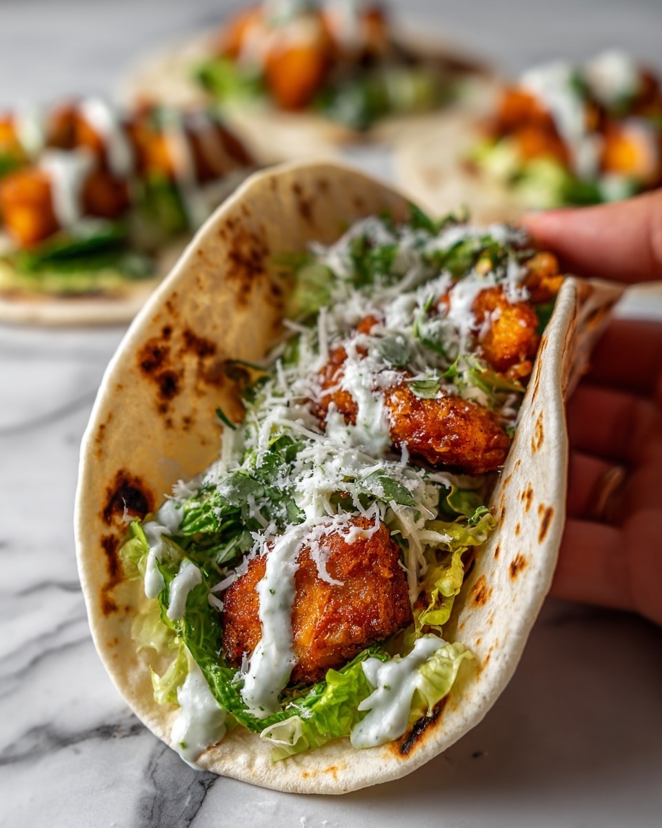 A close-up of a soft white tortilla held by a woman's hand, filled with crispy golden brown pieces that have a crunchy texture, topped with fresh green lettuce leaves, creamy white sauce drizzled over, and sprinkled with finely shredded white cheese. The tortilla is folded around the filling, showing layers of crunchy, creamy, and fresh textures inside. The background shows more similar tortillas blurred on a white marbled surface. Photo taken with an iphone --ar 4:5 --v 7