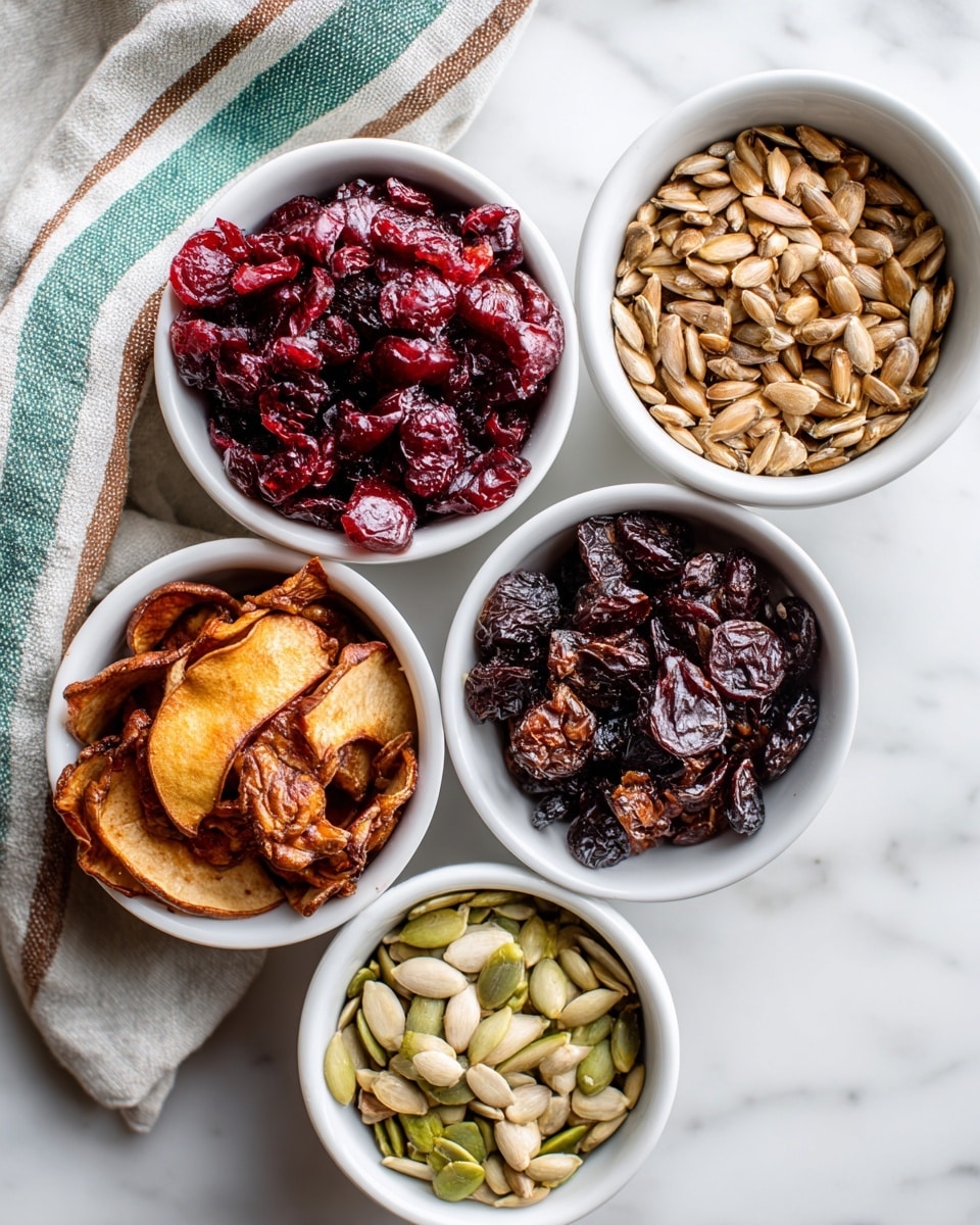 Five small white bowls are placed on a white marbled surface. The top right bowl contains tan roasted sunflower seeds with a rough texture. Below it, the bowl on the right holds dark, wrinkled dried blueberries. The top left bowl has shiny, deep red dried cranberries. Below it, the left bowl is filled with light brown, dried apple slices with a soft, slightly curled texture. The bottom center bowl contains pale, slightly toasted pumpkin seeds. A cloth with green, teal, blue, and brown stripes is partly visible at the top left corner. Photo taken with an iphone --ar 4:5 --v 7