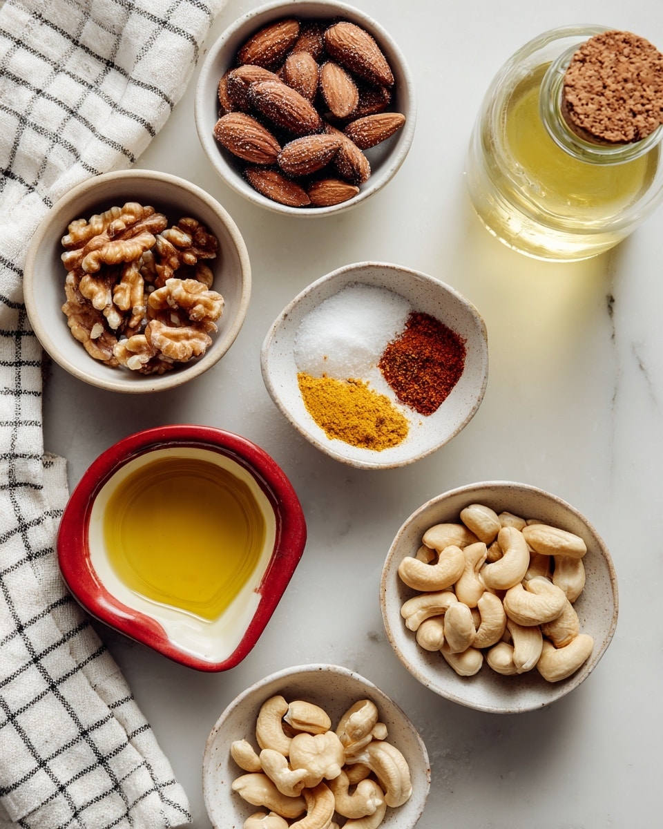 The image shows five small white bowls placed on a white marbled surface, each holding different ingredients. In the top left, a bowl is filled with dark brown almonds covered with a light coating of salt or spice. To the right, a bowl contains light tan walnuts with their rough texture visible. Below the almonds, a small bowl holds three spices: white salt, yellow powder, and a reddish powder. In the center, a uniquely shaped bowl with a red rim contains a golden brown liquid. On the bottom right, two bowls next to each other hold pale cashews and light brown peanuts with smooth textures. A bottle with a cork, filled with a light yellow liquid, is on the upper right side. A white and black checkered towel is partially visible at the top. Photo taken with an iphone --ar 4:5 --v 7