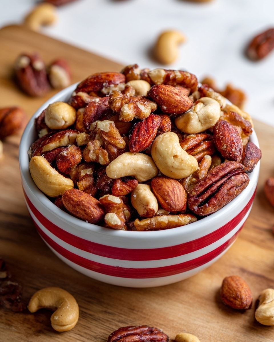 A white bowl with red stripes holds a mix of roasted nuts, including light brown cashews, dark brown almonds, and textured walnut pieces, all shining with a light glaze. The bowl is full and sits on a wooden surface covered with scattered nuts of the same types, creating a warm, inviting look. The background shows more nuts in soft focus, enhancing the depth of the image. The colors range from light beige to rich brown with a slight shine on the nuts' textures. photo taken with an iphone --ar 4:5 --v 7