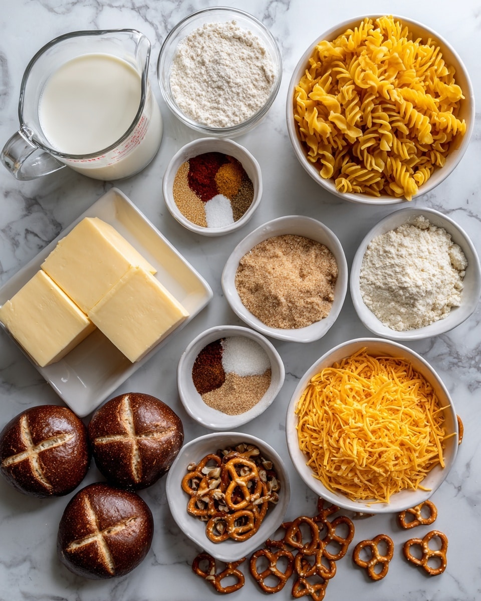 A white bowl filled with bright yellow shredded cheese sits at the bottom right. Above it to the right is a white bowl full of yellow curly dry pasta. To the left of that is a glass measuring cup with white milk. Above the milk is a clear bowl holding different ground spices in small piles of brown, tan, red, and white. Above the spices is a small white bowl filled with light brown breadcrumbs. Next to the breadcrumbs is a small white bowl with crushed nuts. To the left of the spices is a sheet with three blocks of pale yellow butter. Around the blocks are three dark brown bread rolls with a cross pattern on top. Below these are two silver cans. Small square pretzels are scattered on the white marbled surface around the bowls and ingredients. Photo taken with an iphone --ar 4:5 --v 7