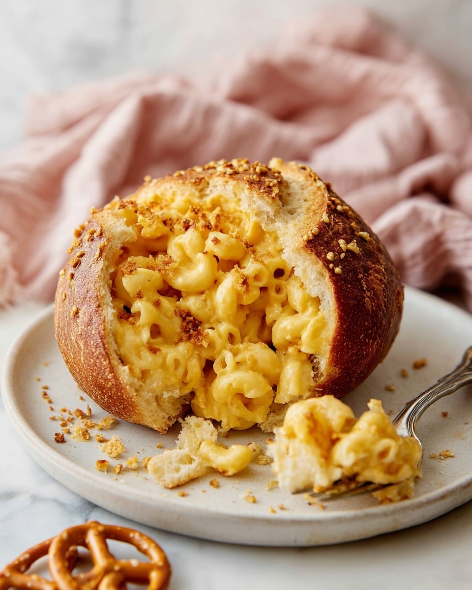 A white plate holds a soft, brown pretzel bun that is broken open, filled with bright yellow macaroni and cheese topped with small bits of crunchy topping scattered on and around the bun. One half of the bun sits behind the stuffed piece, showing a light, soft inside. A silver fork holds a small bite of macaroni and cheese in the right foreground. The plate rests on a white marbled surface with a small pretzel piece near the front. In the background, a soft pink cloth adds a warm tone. Photo taken with an iphone --ar 4:5 --v 7