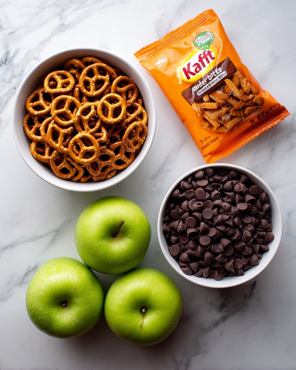 The image shows a top-down view of four food items placed on a white marbled surface. There is a white bowl filled with small, golden-brown pretzels positioned on the left side. Above it, an orange bag of Kraft Caramel Bits rests, with the bits visible through the transparent part of the bag. To the right of the pretzels and caramel bits, three bright green apples sit close together. Below the apples and pretzels, a second white bowl is filled with dark brown chocolate chips. The arrangement is clean and simple, highlighting the colors and textures of each food item. photo taken with an iphone --ar 4:5 --v 7