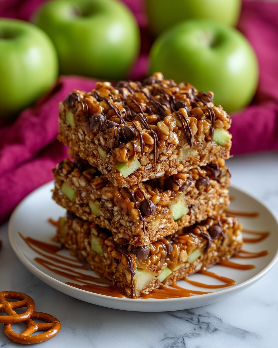 A stack of three square layers of dessert on a white plate with a textured pattern, each layer showing a mix of broken pretzel pieces, green apple chunks, and dark chocolate chips held together by a shiny caramel drizzle that flows over the edges. The bottom layer is slightly larger, with the middle and top layers slightly smaller but still thick, creating a stacked effect. The plate sits on a pink cloth with white thread details, with whole pretzels and chopped green apples scattered around. The background shows more apples and a white marbled surface. Photo taken with an iphone --ar 4:5 --v 7
