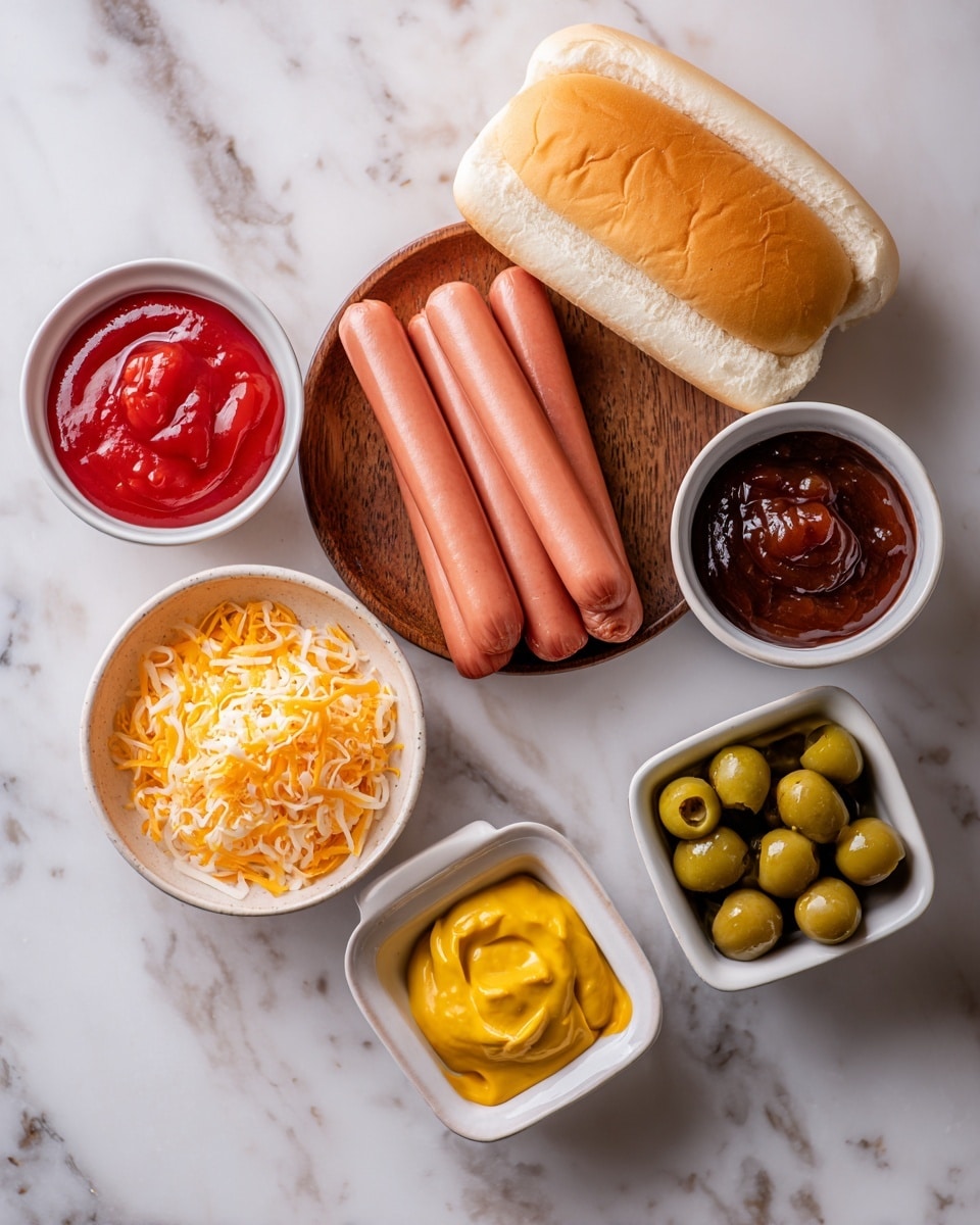 The image shows ingredients for a hot dog arranged on a white marbled surface. There is one white hot dog bun placed diagonally on a small round wooden plate next to a stack of four pinkish sausages with smooth texture. Surrounding them are four small white bowls: one filled with bright red ketchup, one with dark brown barbecue sauce, one with shredded pale yellow cheese, and one with green olives stuffed with orange pimentos. A small white square dish holds smooth yellow mustard. The items create a colorful and neat layout. Photo taken with an iphone --ar 4:5 --v 7