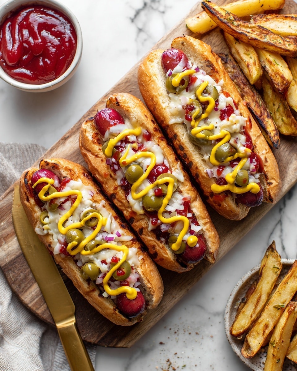 The image shows three hot dogs placed on a wooden board over a white marbled surface. Each hot dog has a golden brown bun, holding a pink sausage inside. On top of the sausage, there is a layer of light melted cheese with a creamy texture. Green sliced olives are scattered over the cheese, followed by streaks of bright yellow mustard and red ketchup drizzled on top. To the right of the board, there are several thick, golden-yellow fries with a slightly crispy texture. On the left side, a small white ramekin filled with red ketchup is partially visible. The photo taken with an iphone --ar 4:5 --v 7