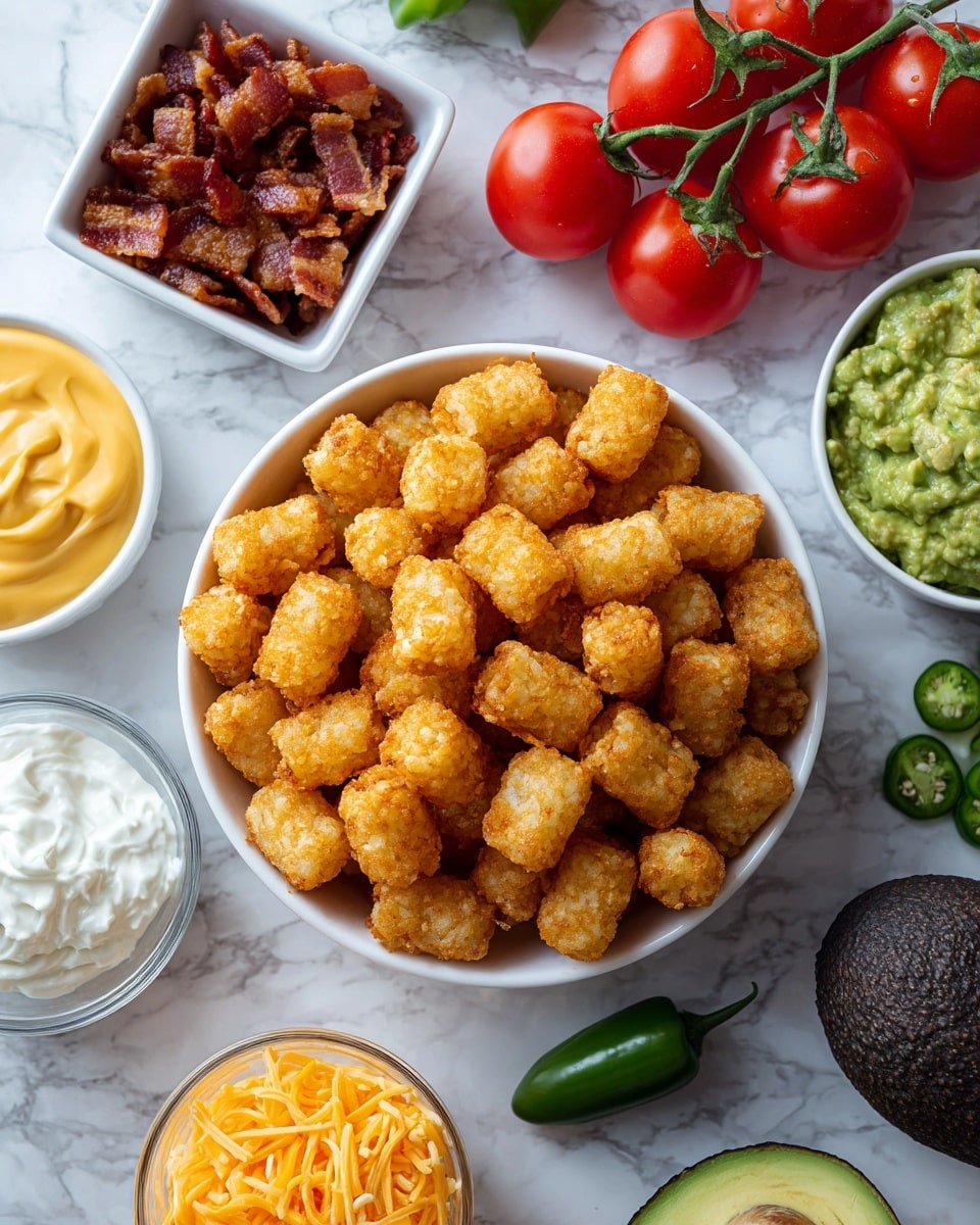 A white bowl filled with many small, golden-brown crispy tater tots is placed on a white marbled surface. Around the bowl, there are small white and clear round bowls containing yellow cheese sauce, shredded orange cheddar cheese, white sour cream, and green guacamole. There is a small square container with crispy brown bacon pieces near the top left, and three bright red tomatoes attached to a green vine lie near the top center. To the right side, a whole dark green avocado and a fresh green jalapeño pepper are placed. The textures contrast nicely between the crispy tater tots and the smooth sauces. Photo taken with an iphone --ar 4:5 --v 7