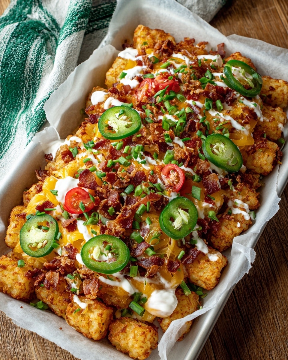 A white tray lined with white paper holds a loaded dish with five layers. The bottom layer is golden tater tots, piled thick and crispy. On top, a creamy yellow cheese sauce covers the tots unevenly. Next is a layer of small green jalapeño slices scattered across. There are bright red diced tomatoes and crispy small bacon pieces spread all over. The dish is finished with small green onion slices and some drizzled white sour cream. The tray sits on a wooden table next to a cloth with green and white stripes. Photo taken with an iphone --ar 4:5 --v 7