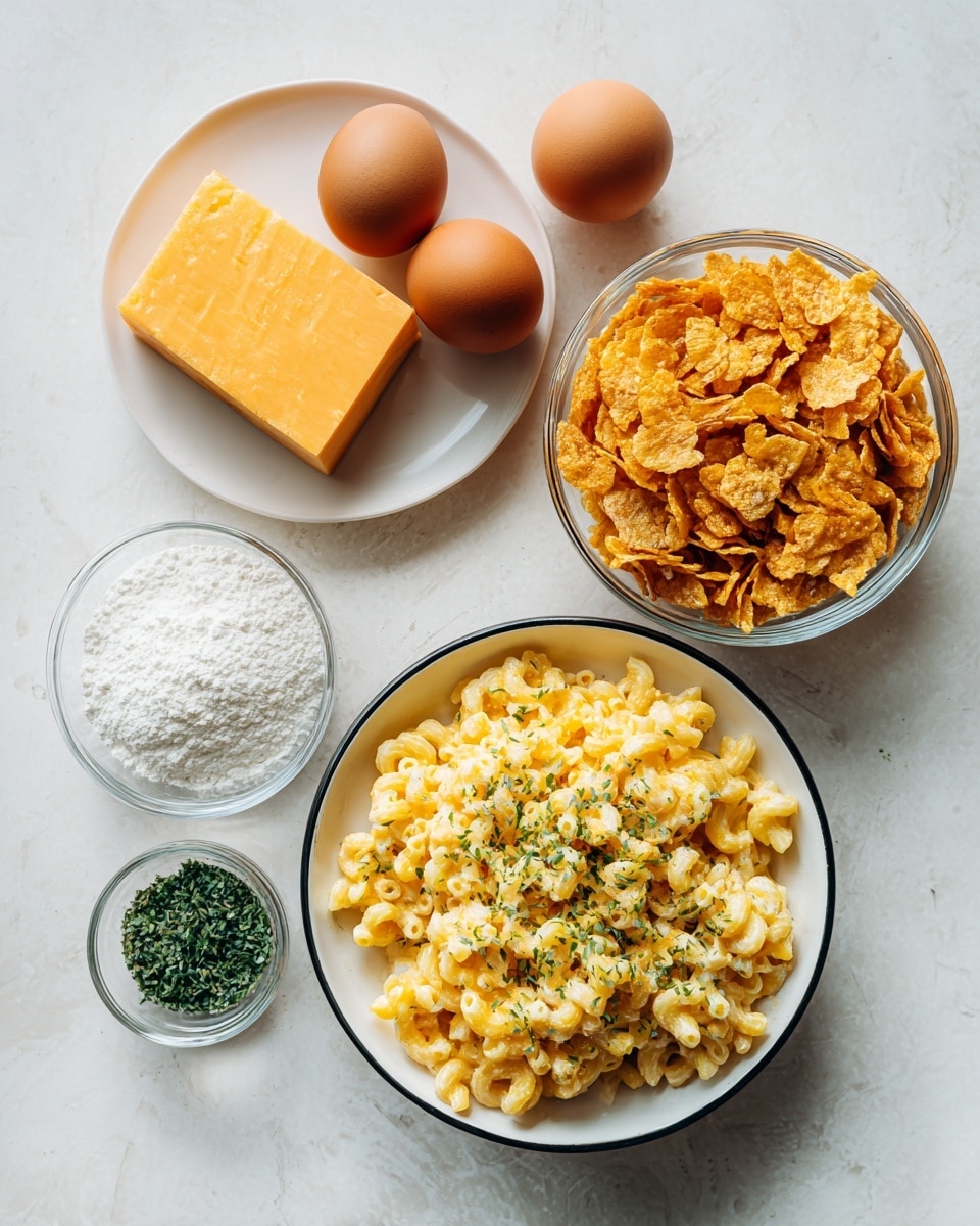 The image shows ingredients arranged on a white marbled surface, including three brown eggs at the top center, a block of bright orange cheese on a white plate to the left, a small clear bowl with white powder near the bottom left, a large clear bowl filled with golden crunchy corn flakes at the top right, and a white bowl with black rim at the bottom right holding a creamy, bright yellow macaroni pasta mixed with small green herbs. The photo taken with an iphone --ar 4:5 --v 7