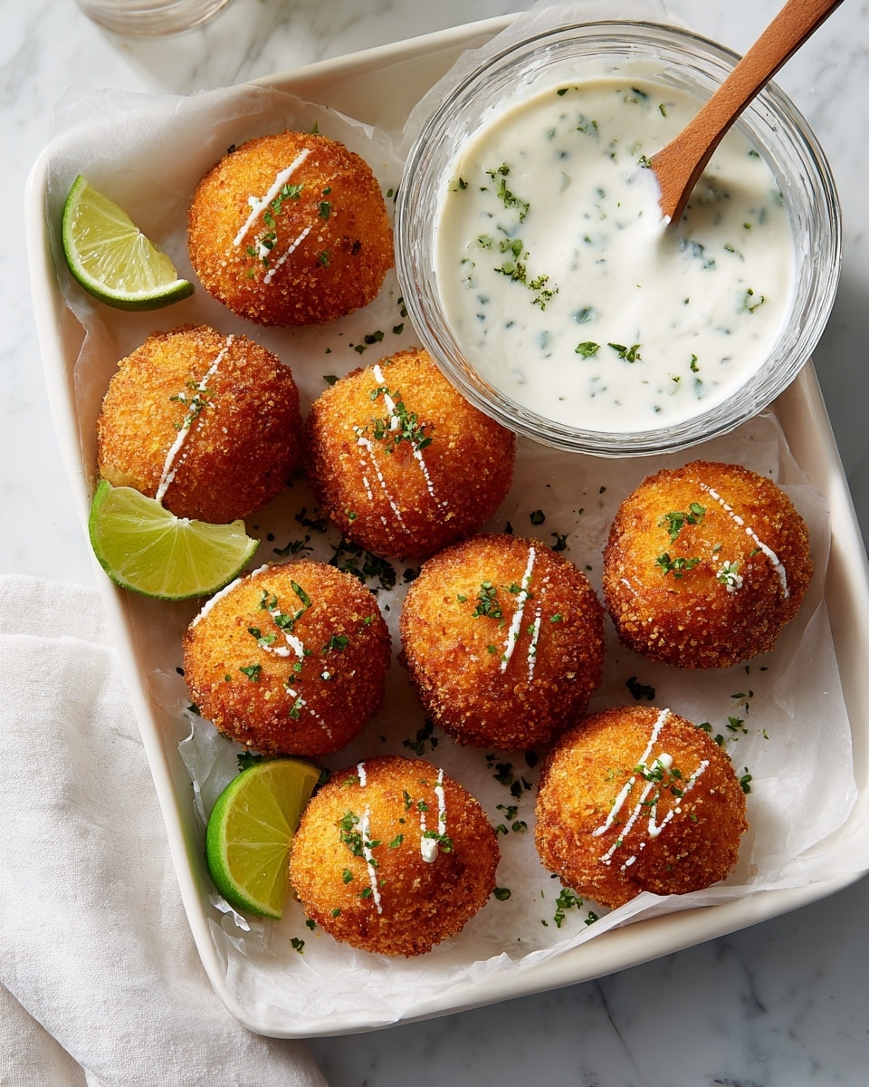 The image shows a white baking tray lined with parchment paper holding eight golden-brown crispy balls, each with a rough, crunchy texture and some small green herb pieces visible on the surface. Some of the balls have a zigzag drizzle of white creamy sauce on top. Around the balls, there are small lime wedges placed randomly. On the right side of the tray, there is a clear bowl filled with thick white sauce speckled with green herbs, and a small wooden spoon rests inside the bowl. The tray is set on a white marbled surface with a light, beige cloth partially visible on the top left corner. photo taken with an iphone --ar 4:5 --v 7