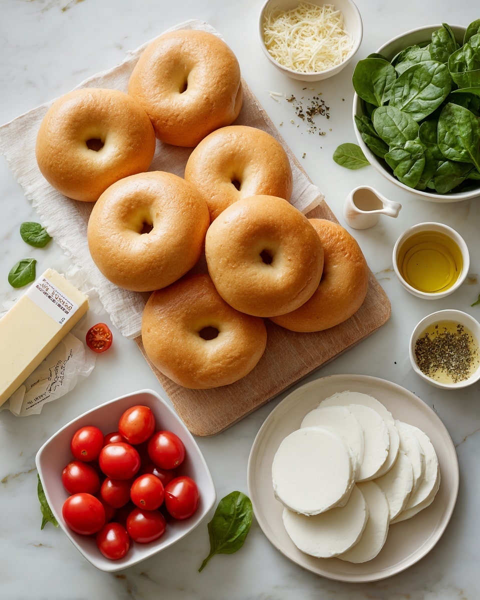 The image shows a white wooden cutting board filled with 11 plain bagels stacked in two layers, each bagel golden brown and smooth with a round hole in the center. Below the board, a square white bowl holds bright red cherry tomatoes, some whole and some cut in half, showing their juicy interior. Next to it, a small rectangular block of butter is wrapped with marked measurements visible. To the right, fresh green spinach leaves lay beside a white plate stacked with two layers of round white mozzarella cheese slices. Scattered around are small bowls containing light yellow minced garlic, dried herbs, and grated cheese. A small white cup of olive oil is also present. The items sit on a white marbled surface. Photo taken with an iphone --ar 4:5 --v 7