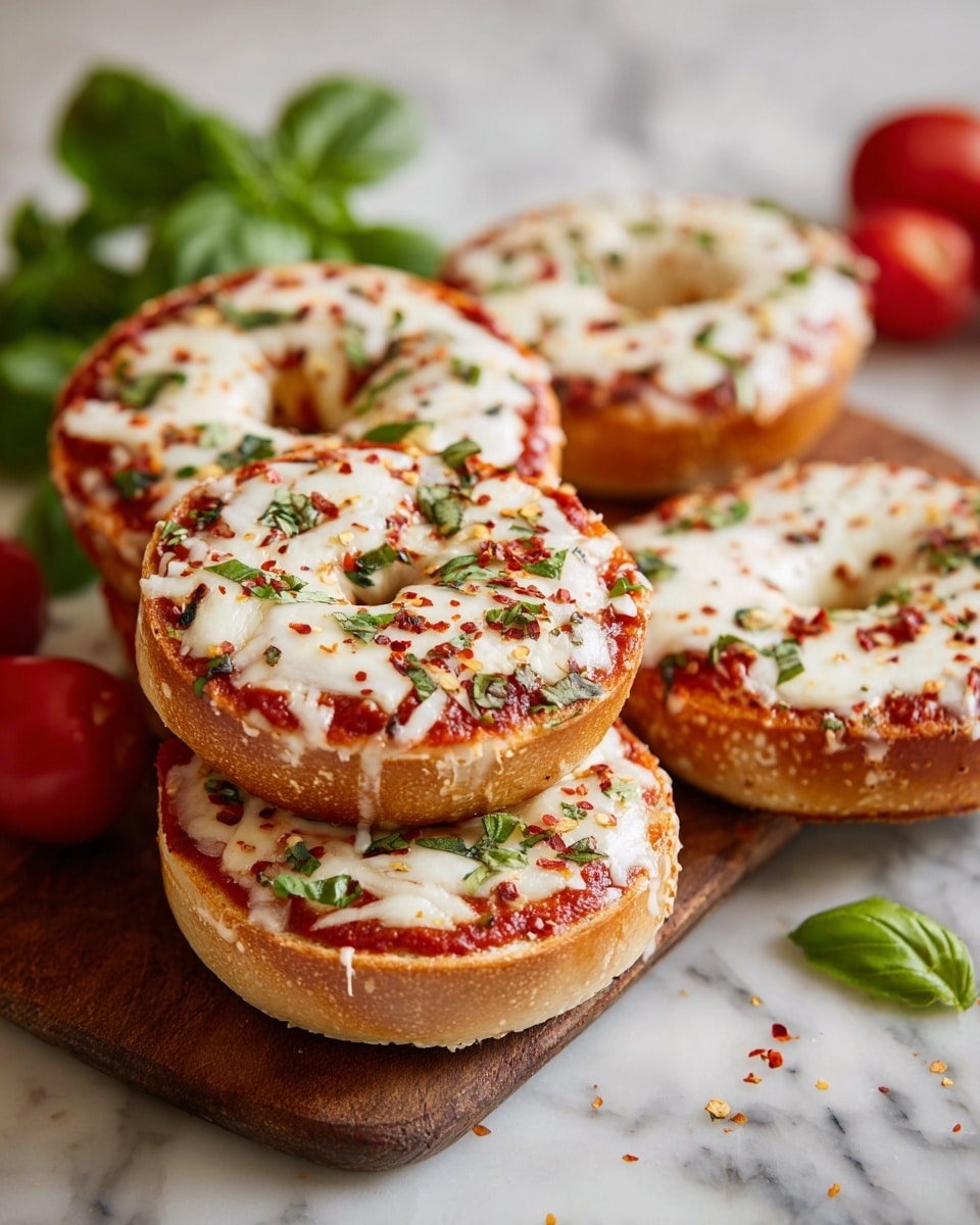 The image shows several mini pizzas stacked on a wooden board. Each pizza has a thick, golden-brown crust as the base layer, topped with a rich red tomato sauce spread evenly in the middle. The next layer is a thick coating of melted white cheese that covers most of the tomato sauce, bubbling lightly at the edges. Small bright green basil leaves and pieces of red cherry tomatoes are scattered on top of the cheese, adding pops of color. Some pizzas also have a sprinkle of green herbs and tiny red chili flakes on the cheese layer. The background has a white marbled texture, with some whole red cherry tomatoes and green basil leaves visible nearby, and a few white stacked plates on the side. photo taken with an iphone --ar 4:5 --v 7