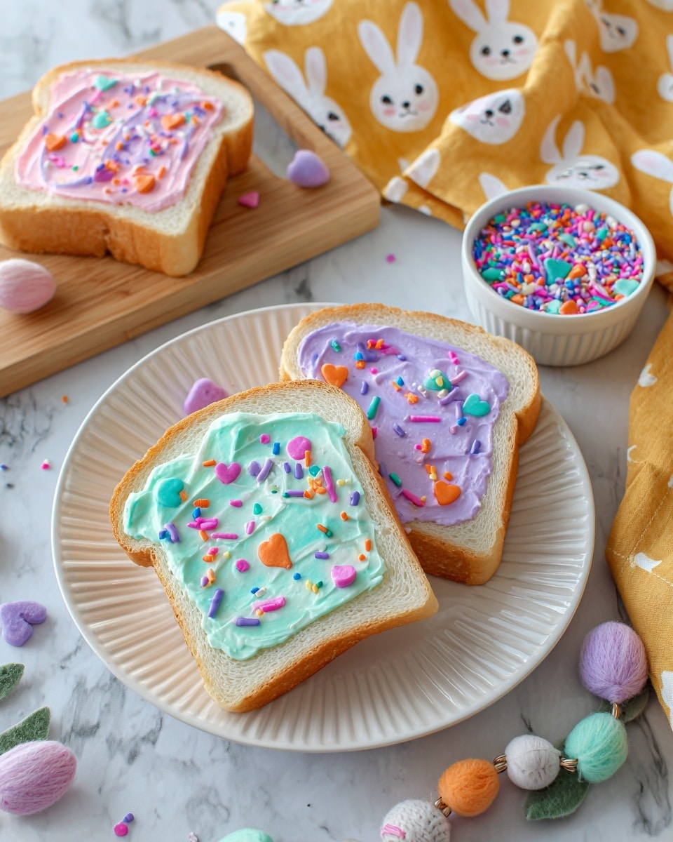 Three slices of toasted bread lie on a white plate, each topped with three colorful frosting stripes: pale green on the left, light blue in the middle, and soft pink on the right. Bright, multicolored sprinkles, including small rods and round shapes, are scattered over the frosting layers, adding texture and color. The plate sits on a white marbled surface next to a yellow cloth with white and gray floral patterns. Nearby, a small white bowl filled with similar colorful sprinkles and a felt bunny-themed decoration with pastel-colored balls are also visible. Photo taken with an iphone --ar 4:5 --v 7