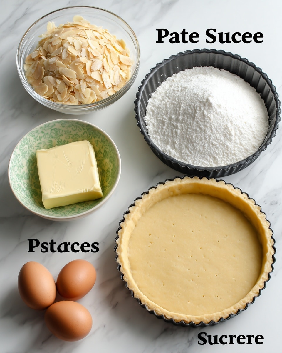 The image shows six separate ingredients arranged on a white marbled surface. At the center-right, there is a black tart pan filled with a light golden-baked tart shell with small, even holes pricked on the base labeled