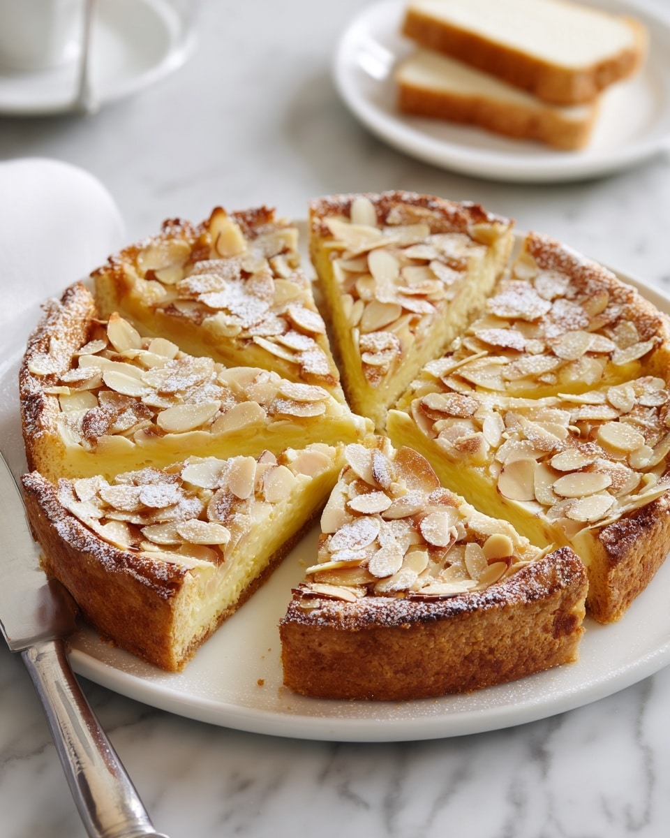 A round tart with a golden brown crust forms the base, topped with a yellow almond filling layer that looks soft and moist. Thinly sliced, toasted almonds cover the entire top layer, slightly browned in spots, with a light dusting of powdered sugar adding a delicate touch. The tart is placed on a white plate with scalloped edges, set on a white marbled surface. One slice is slightly separated from the rest, showing the smooth texture of the filling, while another slice is partially pulled out, revealing the thickness of the layers. A knife with a silver handle lies near the tart, and a white plate with some sliced almonds is blurred in the background. photo taken with an iphone --ar 4:5 --v 7