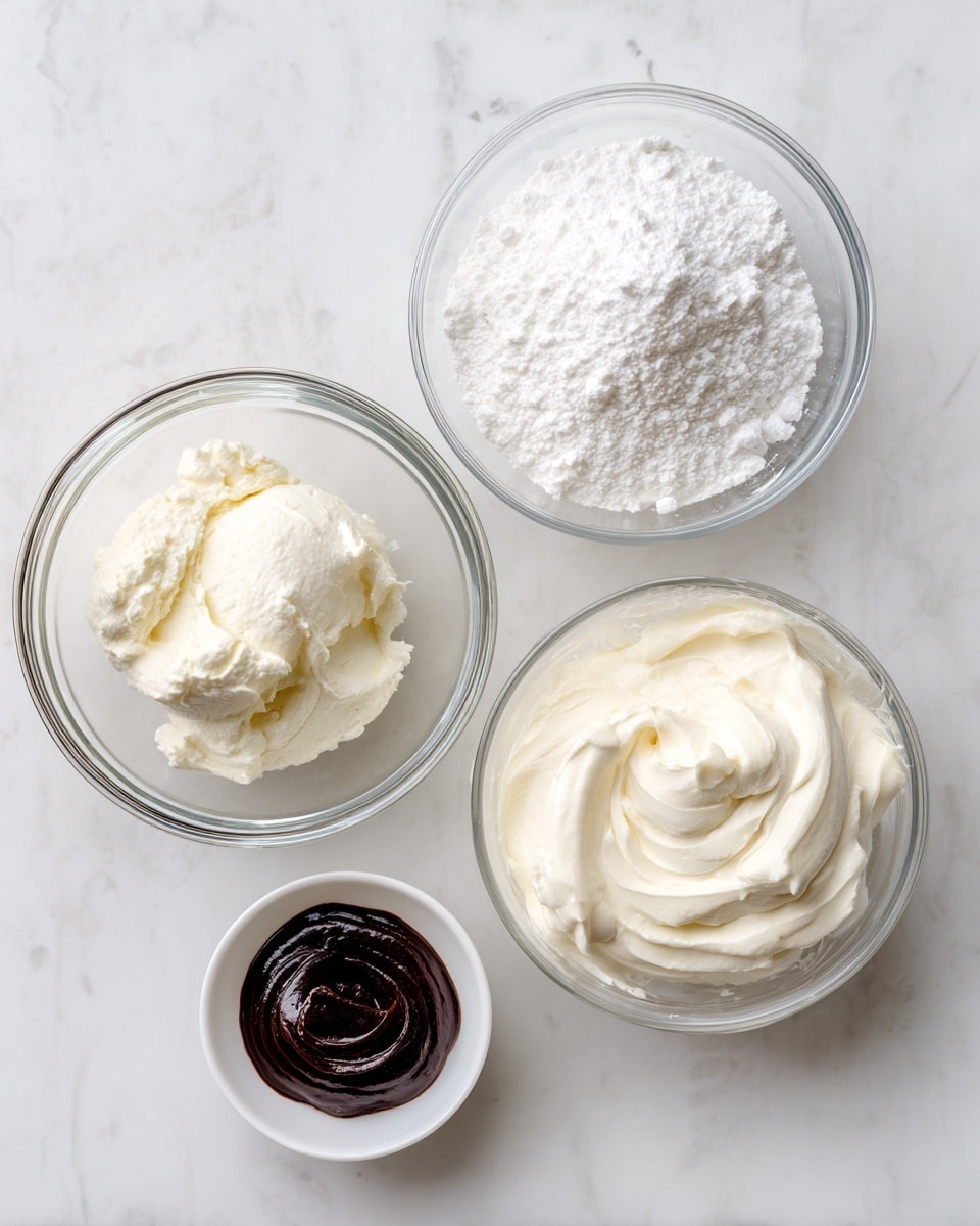 The image shows four small clear and white bowls placed on a white marbled surface. The largest bowl on the right contains heavy cream, thick and creamy in a pale white color. Above it is a small white bowl filled with powdered sugar, fine and fluffy with a bright white color. On the left side, a clear glass bowl holds a generous scoop of mascarpone, smooth and creamy with an off-white color and soft texture. Below the mascarpone, there is a small white bowl with dark brown vanilla paste, thick and slightly glossy. The bowls are spaced evenly and neatly arranged. Photo taken with an iphone --ar 4:5 --v 7