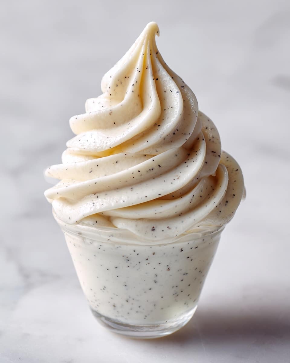 A clear glass bowl filled with a tall swirl of creamy, light beige frosting that has a smooth and slightly fluffy texture, with tiny dark vanilla specks evenly visible throughout. The frosting is piped in multiple ridged layers starting from the base of the bowl and spiraling upwards to a pointed peak at the top, creating a soft and delicate wave pattern. The bowl sits on a white marbled surface with a soft, diffused background, focusing attention on the creamy swirl. photo taken with an iphone --ar 4:5 --v 7