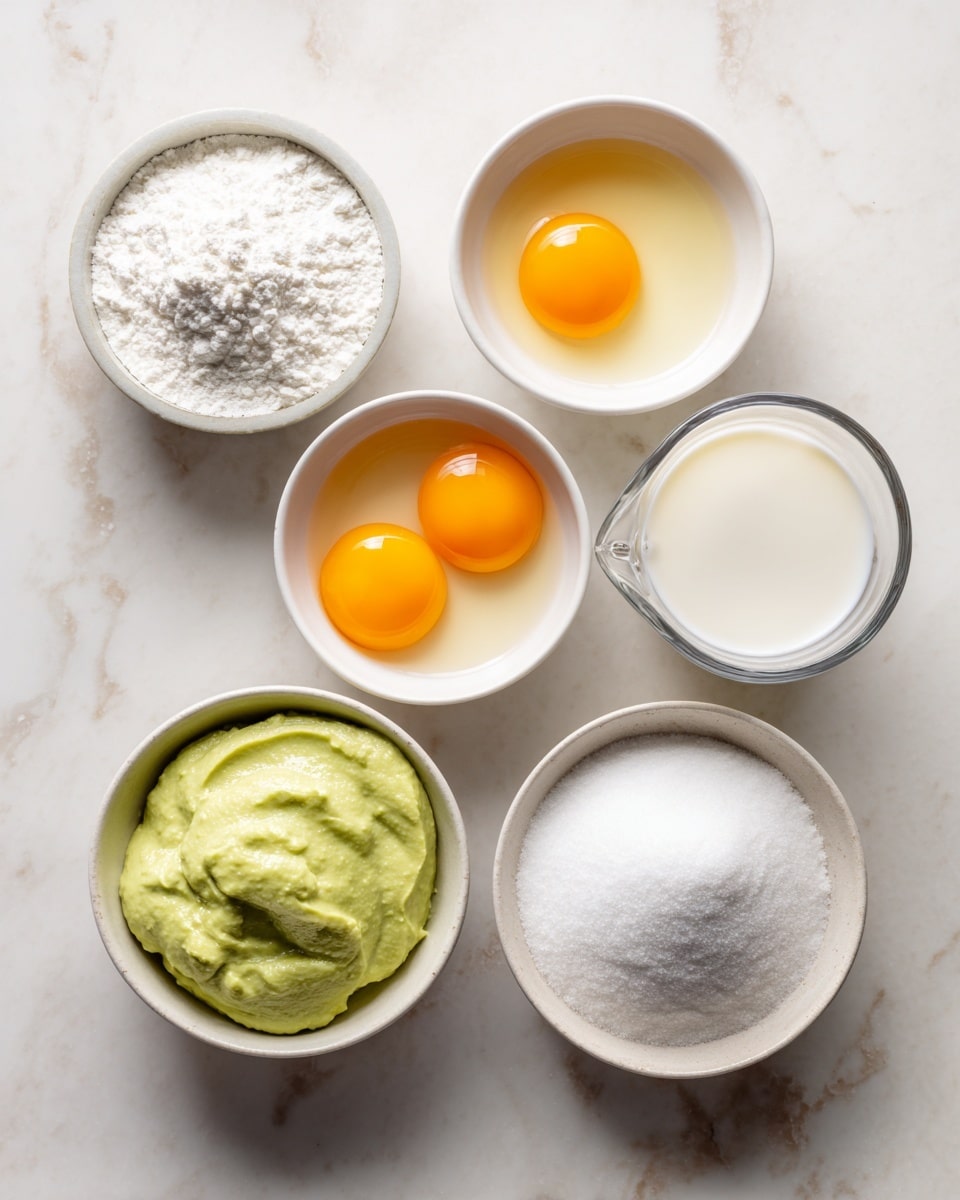 The image shows five small white bowls on a white marbled surface, each holding a different ingredient. Starting from the top left and clockwise, one bowl holds white powdery cornstarch, the next bowl contains three bright orange egg yolks, followed by a clear measuring cup filled with white milk. Below that is a bowl filled with white granulated sugar, and finally, to the bottom left, there is a bowl with a smooth, pale green pistachio paste. Each ingredient is clearly visible with its texture and color distinct. photo taken with an iphone --ar 4:5 --v 7