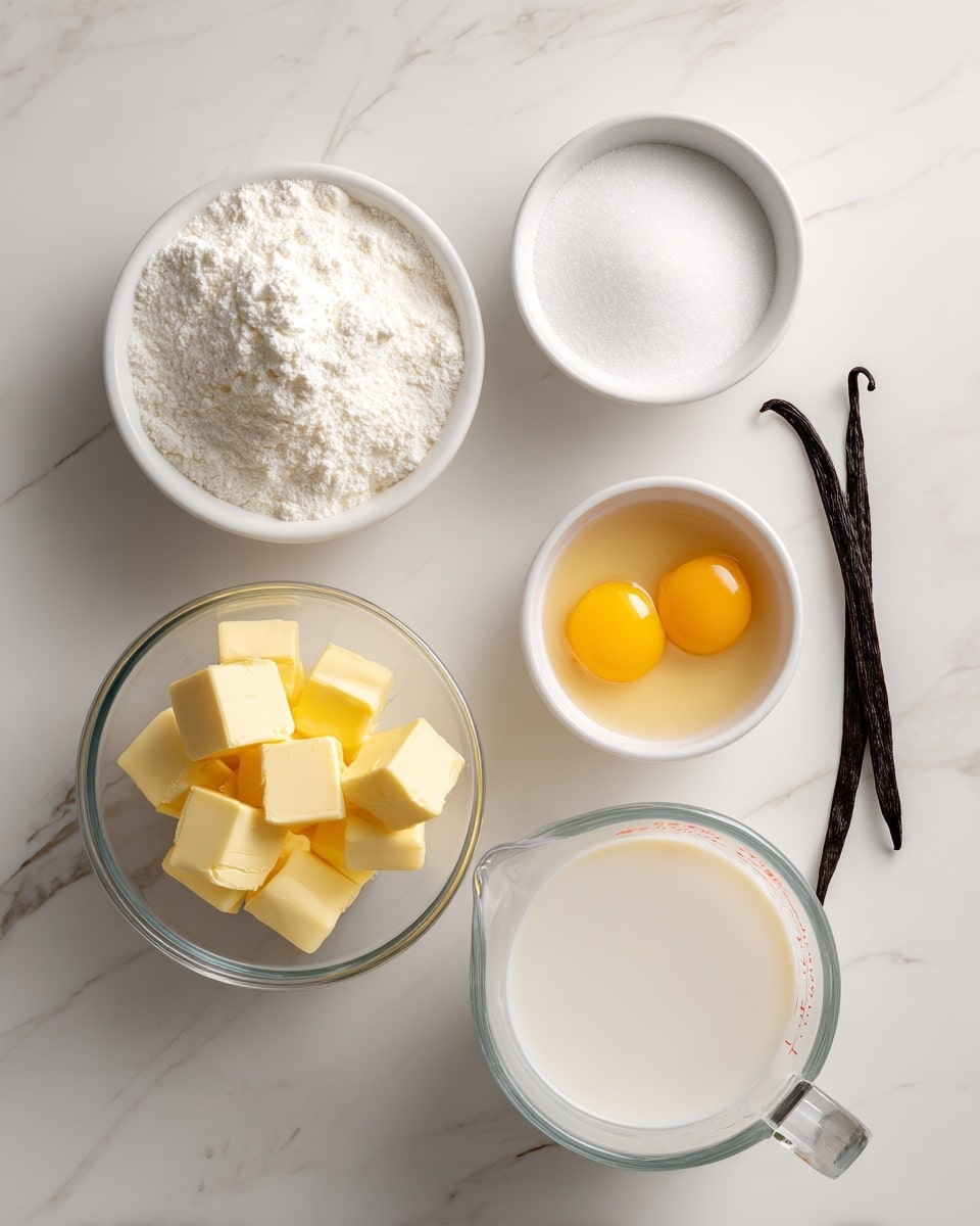The image shows six ingredients on a white marbled surface arranged neatly. In the center bottom is a clear bowl with yellow cubes of butter, above it to the left is a small white bowl filled with white cornstarch powder, and above that is another small white bowl with white sugar. To the right of the sugar bowl is a vanilla bean pod lying horizontally. On the upper right side is a small clear bowl with smooth yellow-orange egg yolks. Below the egg yolks to the right is a clear measuring cup filled with white milk. Each ingredient is labeled with bold black text on white rectangular backgrounds above or beside them. photo taken with an iphone --ar 4:5 --v 7