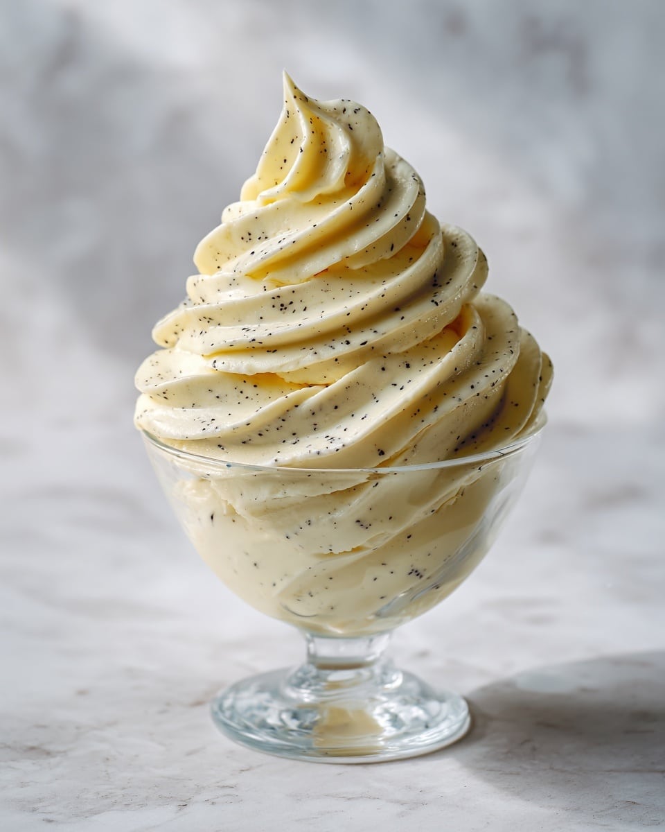 A clear glass dessert cup filled with one thick layer of smooth, creamy vanilla pudding. The pudding is pale yellow with tiny black vanilla bean specks visible throughout. It is swirled elegantly on top in a spiral pattern, finishing in a pointed peak. The cup is placed on a white marbled surface with soft natural light highlighting the pudding’s silky texture. photo taken with an iphone --ar 4:5 --v 7