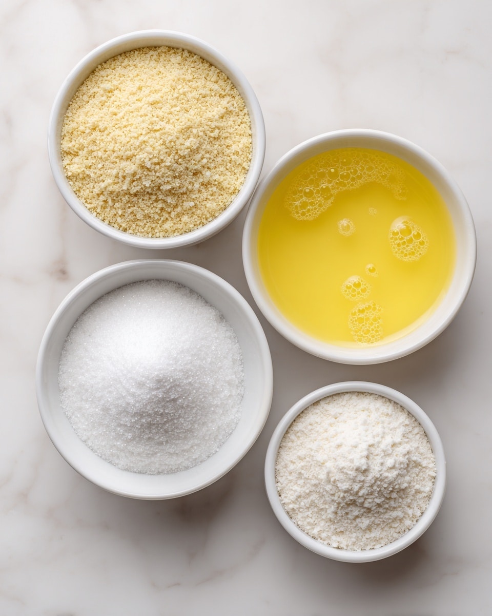 The image shows four white bowls on a white marbled surface, each containing different ingredients arranged neatly. The top center bowl holds light beige almond meal with a fine, sandy texture. To the right, a bowl filled with translucent yellow egg whites has a smooth liquid surface with small bubbles. The bottom left bowl contains bright white powdered sugar with a soft, fluffy texture, and the bottom center bowl has fine, white caster sugar with a grainy texture. Each bowl is well-lit, and the overall setting is clean and simple, focusing on the ingredients. Photo taken with an iphone --ar 4:5 --v 7