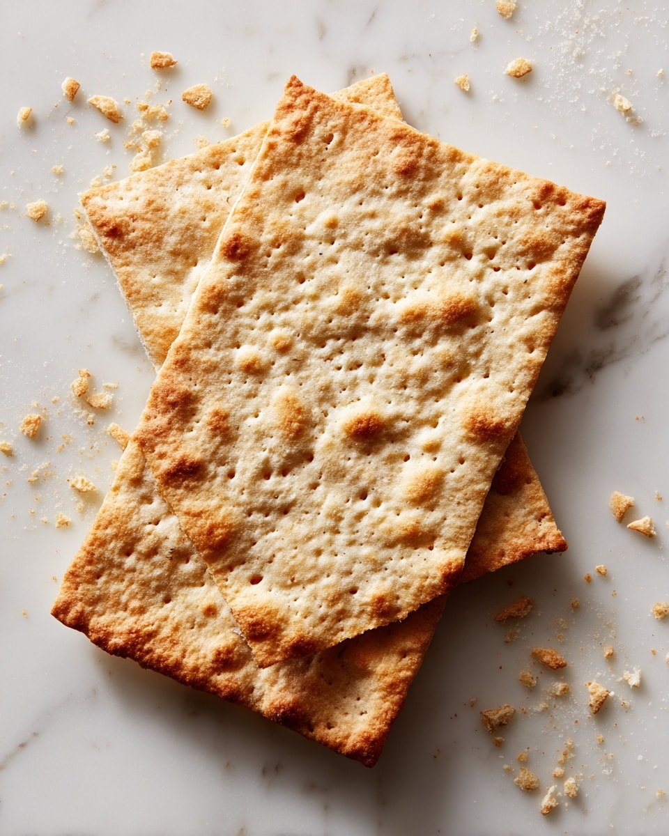 Two thin rectangular crackers with a light brown color and a rough, grainy texture are placed overlapping on a white marbled surface. The top cracker is fully visible while the second one peeks out from underneath, slightly tilted. Small crumbs are scattered beside the crackers, emphasizing their crispiness. photo taken with an iphone --ar 4:5 --v 7
