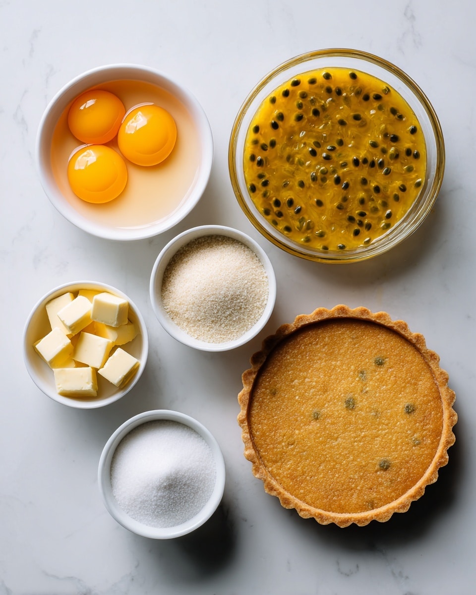 The image shows six ingredients arranged on a white marbled surface: a white bowl with four bright orange egg yolks on the top left, a clear glass bowl filled with yellow passionfruit pulp with visible black seeds in the top center, a small white bowl with light beige gelatine powder on the top right, a clear bowl with small yellow butter cubes on the bottom left, a small white bowl with white sugar in the center bottom, and a golden-brown tart pastry with a fine texture and small holes evenly spread across its surface on the right. All ingredients are neatly spaced apart with clear labels above or below each. photo taken with an iphone --ar 4:5 --v 7