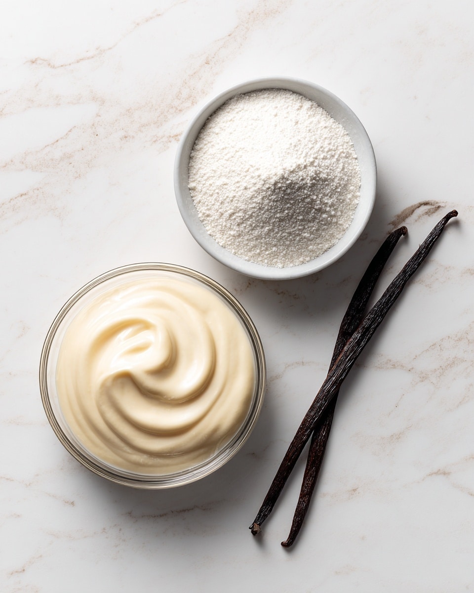A top view of three ingredients arranged on a white marbled surface: a clear round bowl filled with smooth, pale cream cream positioned on the lower left; a small white bowl holding a mound of fine white powdered sugar at the upper right; and a single dark brown vanilla bean pod lying horizontally near the bottom right. The image has a clean, bright look with soft shadows. photo taken with an iphone --ar 4:5 --v 7