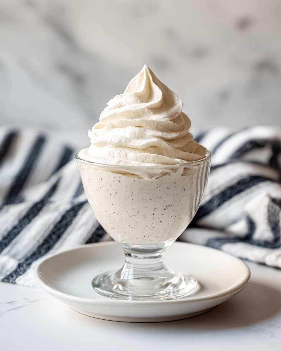 A clear glass cup filled with a thick, creamy white dessert that has tiny dark specks mixed throughout, topped with a swirl of the same creamy layer that forms a soft peak at the top. The glass is placed on a white plate with a smooth, slightly wavy edge, sitting on a white marbled surface. In the background, there is a soft focus on a white cloth with black stripes. photo taken with an iphone --ar 4:5 --v 7