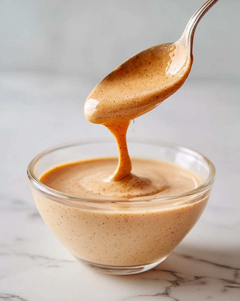 A close-up of a smooth, creamy tan sauce with tiny dark specks throughout, held by a spoon slightly above a clear white scalloped glass bowl filled with the same sauce, against a white marbled background. The sauce has a thick texture as it slowly drips from the spoon. Photo taken with an iphone --ar 4:5 --v 7