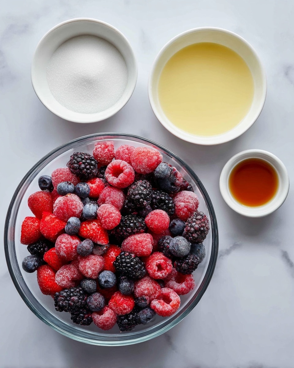 A clear glass bowl on the right filled with a mix of red and dark purple berries including strawberries, raspberries, blackberries, and blueberries, all with a fresh, slightly frosty look. To the left of the bowl, four small white bowls are arranged on a white marbled surface: the top-left bowl contains white sugar, the top-center bowl holds pale yellow lemon juice, the bottom-left bowl has light brown vanilla extract, and the center area is left empty to separate the ingredients. Each bowl and the berry mix are clearly visible from above. Photo taken with an iphone --ar 4:5 --v 7