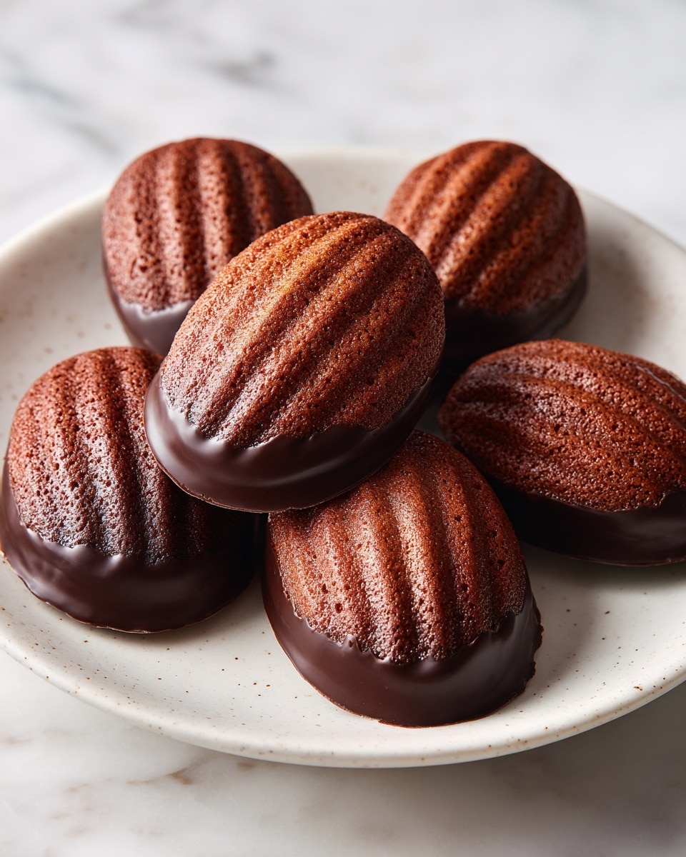 The image shows several chocolate madeleines arranged on a white plate with a white marbled background. Each madeleine has two clear layers: the top layer is a soft, rounded dome with a slightly rough, cake-like texture in dark brown, while the bottom layer is a smooth, shiny chocolate shell that forms the base and sides. Some madeleines display fine ridged patterns on the chocolate shell side. The lighting highlights the texture difference between the matte cake top and glossy chocolate bottom, creating a rich, inviting look. Photo taken with an iphone --ar 4:5 --v 7