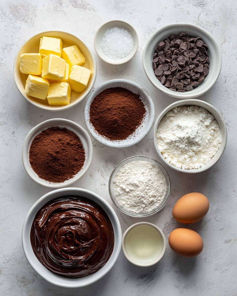The image shows several white bowls and two brown eggs arranged on a white marbled surface. One bowl contains yellow butter cubes, another has granulated sugar, a smaller bowl holds white coconut oil, and a separate bowl is filled with dark chocolate chips. A bowl with brown cocoa powder is near two brown eggs placed side by side. Another bowl holds white flour mixed with salt, and beside it, a small bowl has clear water. The largest bowl contains smooth, rich chocolate pastry cream with a glossy texture. Each ingredient is labeled clearly in bold black text above or beside the items. Photo taken with an iphone --ar 4:5 --v 7