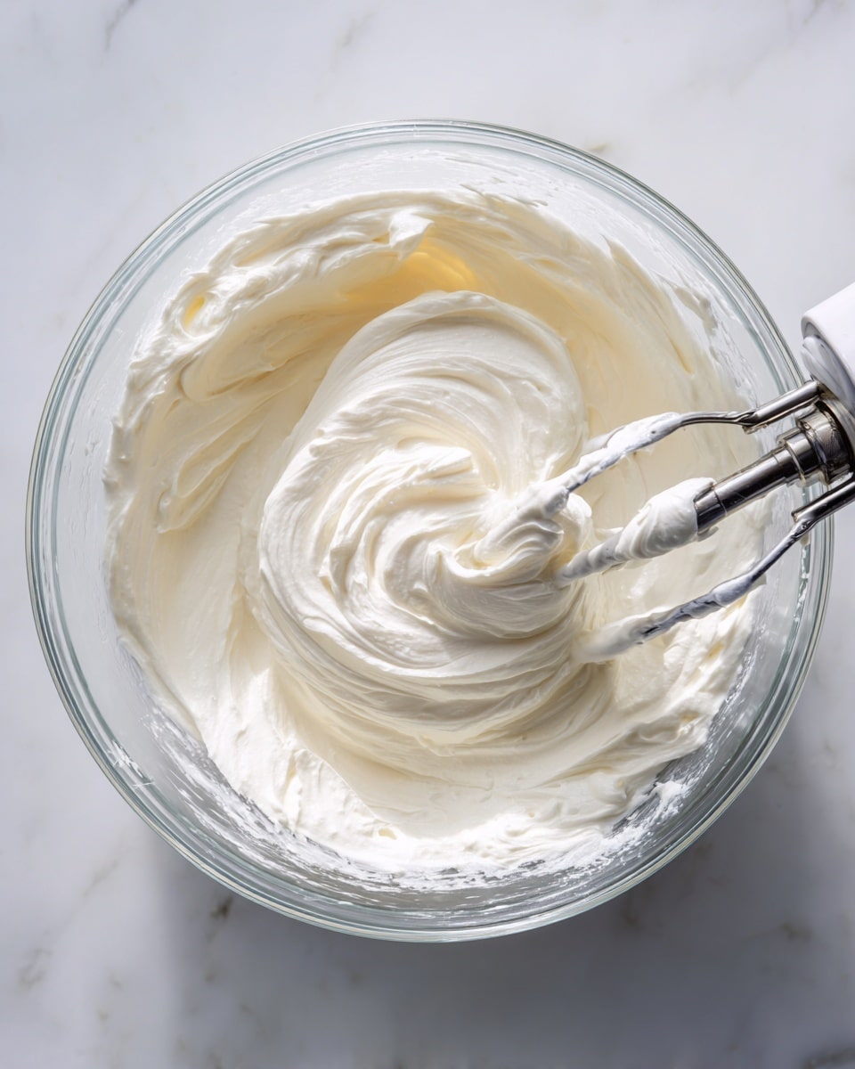 A clear glass bowl on a white marbled surface contains smooth, thick, white cream being mixed by a hand mixer. The cream has soft, swirled textures with some air bubbles around the edges, showing its light and fluffy consistency. The silver mixer beaters are partly covered in the cream, spinning in the center of the bowl, capturing the motion and creamy folds of the mixture. The scene is brightly lit by soft natural light, casting subtle shadows and highlights on the cream and the bowl. Photo taken with an iphone --ar 4:5 --v 7