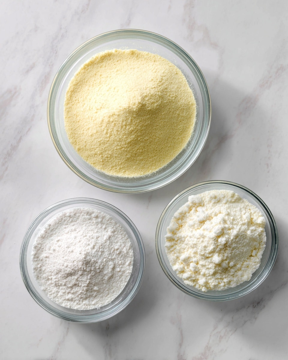 Three clear glass bowls sit on a white marbled texture surface. The largest bowl at the top center holds a light yellow, fine grainy powder. Below it, the bowl to the left contains a white powder with a slightly fluffy texture, while the bowl on the right is filled with a white granulated substance. The bowls are arranged in a roughly triangular shape with even spacing between them. photo taken with an iphone --ar 4:5 --v 7