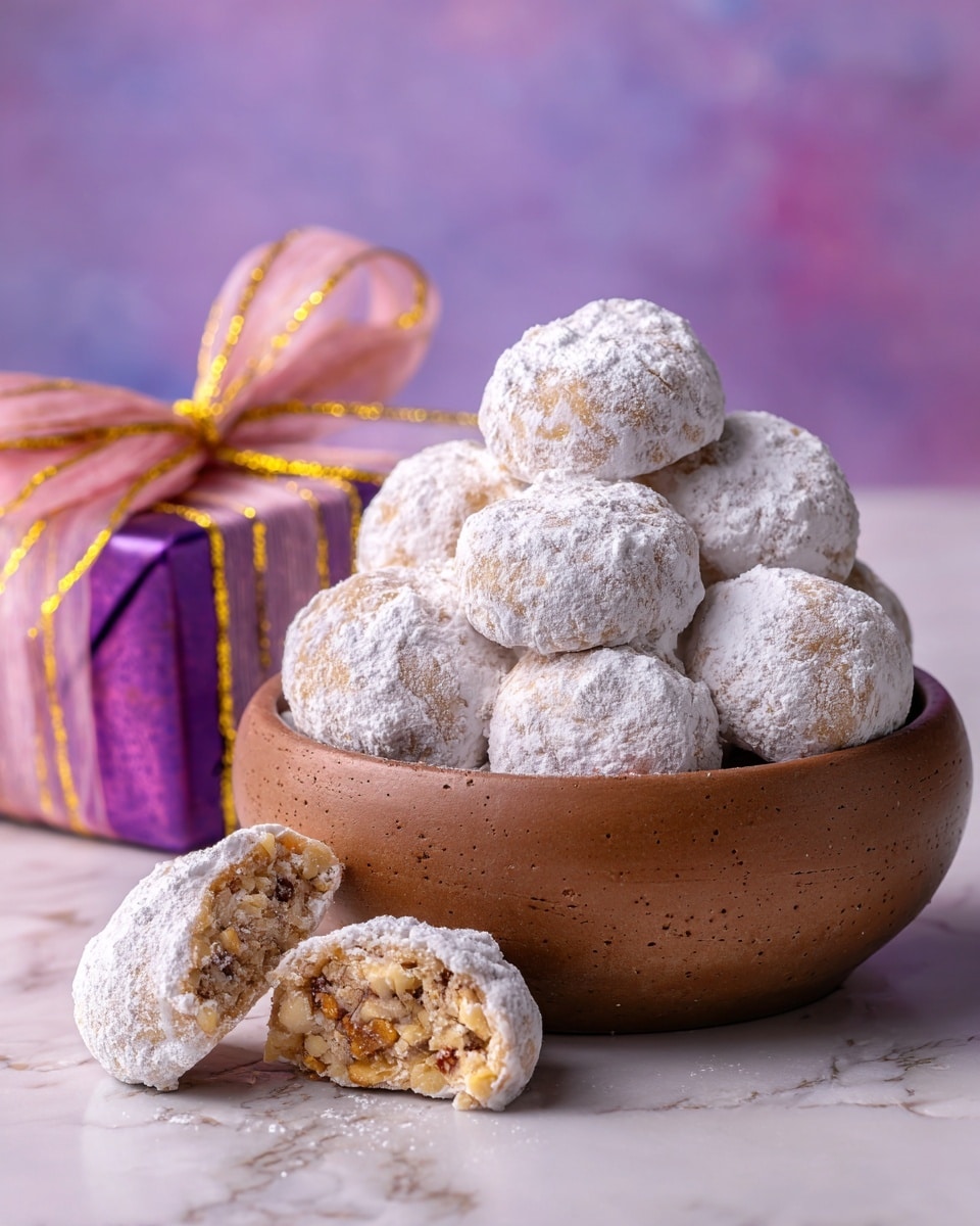 A brown bowl filled with about a dozen round cookies covered in white powdered sugar, piled high. One cookie near the top is bitten, showing a light brown inside with small nut pieces. The bowl is set on a white marbled surface, and in the bottom left corner, there is a small light yellow gift box with a gold ribbon. photo taken with an iphone --ar 4:5 --v 7