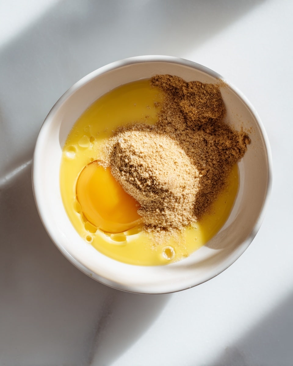 A white bowl holds a pool of bright yellow beaten eggs as light tan yeast granules pour down from a white torn packet into the center of the eggs, creating a soft mound and some floating particles. The bowl is set on a white marbled surface with bright natural light casting clean shadows, highlighting the smooth texture of the eggs and the fine texture of the yeast. photo taken with an iphone --ar 4:5 --v 7